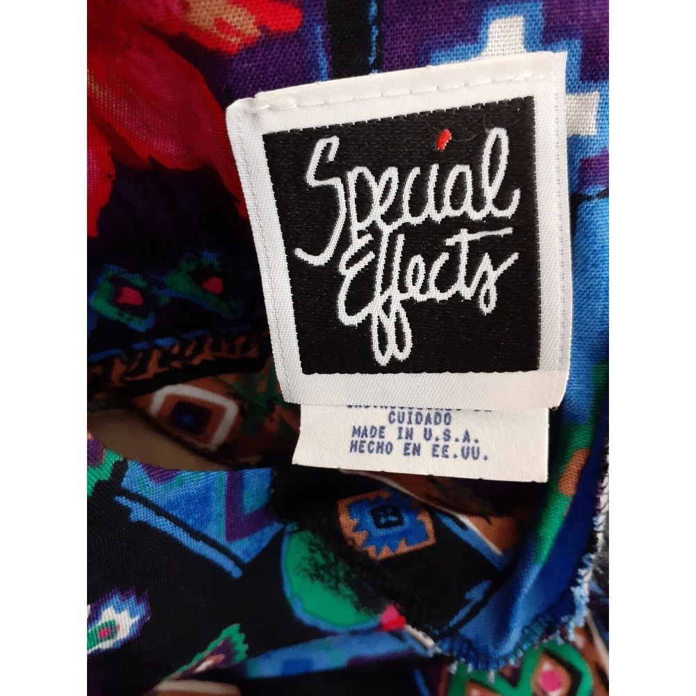 Vtg 80's Special Effects Midi Dress MP Black Floral Aztec Vibrant Smocked Rayon - Picture 10 of 13